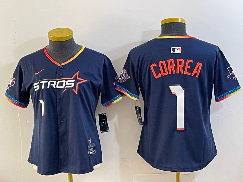 Women 2025 Houston Astros #1 Correa Blue Four generations Joint Name Nike MLB Jersey style 03